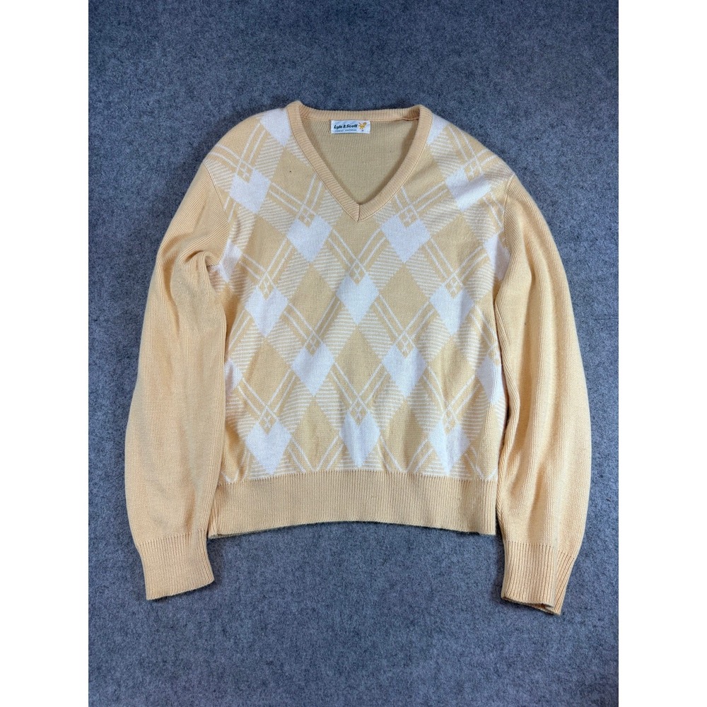 Vintage 80s Lyle & Scott Sweater Mens Medium Yellow Argyle Knit V-Neck Preppy